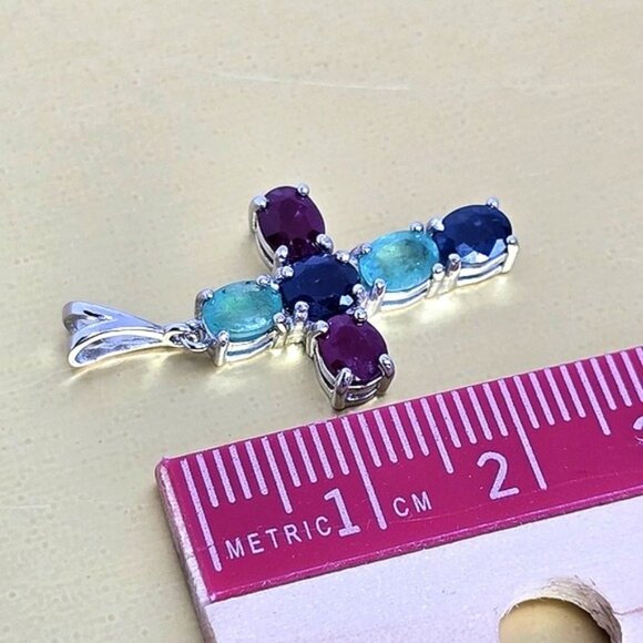 925 Sterling Silver Cross Pendant 1.5x2cm with Natural Sapphire, Emerald, Ruby - Picture 4 of 6
